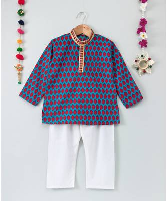 Prinbted Blue Kurta With Mangoes And White Pajama 1