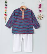 Prinbted Blue Kurta With Mangoes And White Pajama