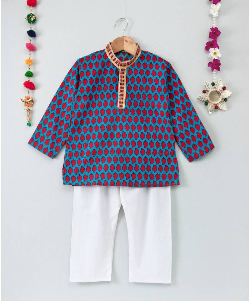 Prinbted Blue Kurta With Mangoes And White Pajama
