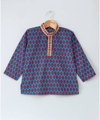 Prinbted Blue Kurta With Mangoes And White Pajama 2