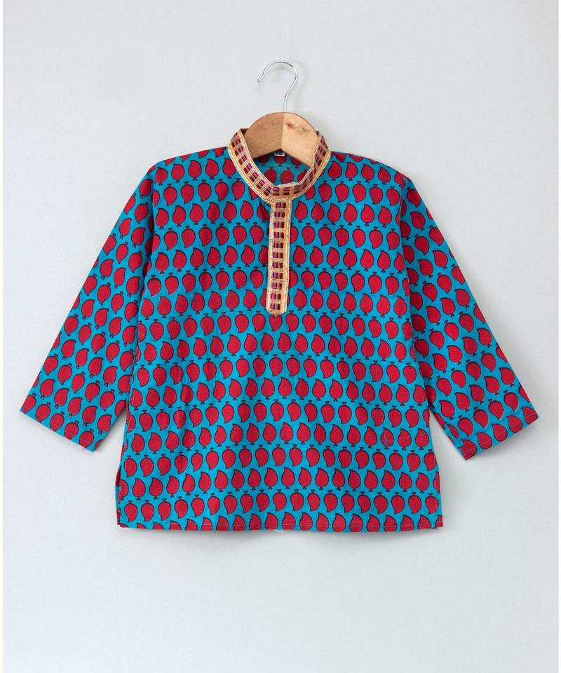 Prinbted Blue Kurta With Mangoes And White Pajama