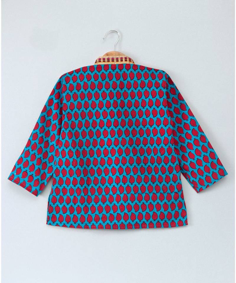 Prinbted Blue Kurta With Mangoes And White Pajama