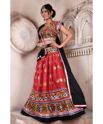 Orange N Multicolor Kutch Embroidery and Mirror Rayon Navratri Wear Lehenga 1