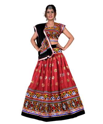 Orange N Multicolor Kutch Embroidery and Mirror Rayon Navratri Wear Lehenga 2