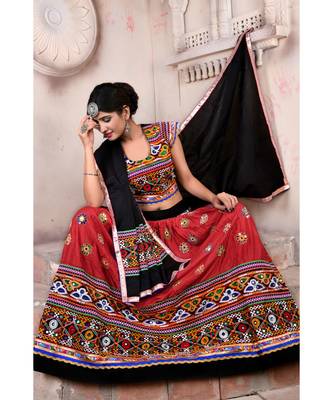 Orange N Multicolor Kutch Embroidery and Mirror Rayon Navratri Wear Lehenga 3