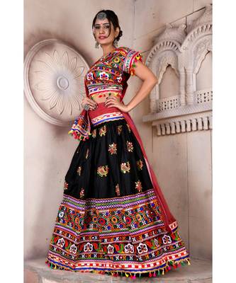 Black N Multicolor Kutch Embroidery and Mirror Cotton Navratri Wear Lehenga 1