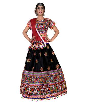 Black N Multicolor Kutch Embroidery and Mirror Cotton Navratri Wear Lehenga 2