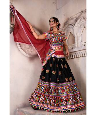 Black N Multicolor Kutch Embroidery and Mirror Cotton Navratri Wear Lehenga 3