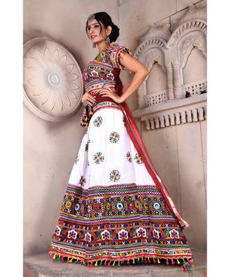 White N Multicolor Kutch Embroidery and Mirror Cotton Navratri Wear Lehenga 1