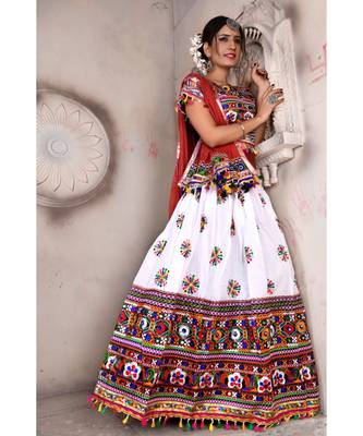 White N Multicolor Kutch Embroidery and Mirror Cotton Navratri Wear Lehenga 2