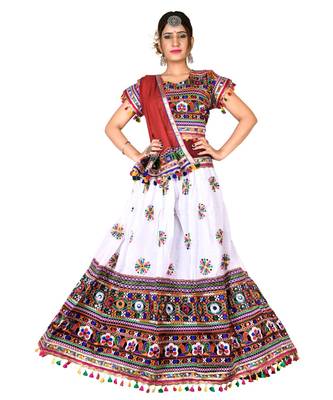 White N Multicolor Kutch Embroidery and Mirror Cotton Navratri Wear Lehenga 3