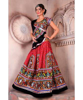 Red N Multicolor Kutch Embroidery and Mirror Cotton Navratri Wear Lehenga 1