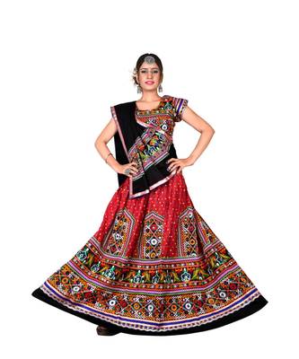 Red N Multicolor Kutch Embroidery and Mirror Cotton Navratri Wear Lehenga 2
