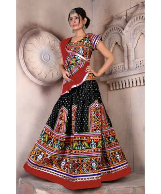 Black N Multicolor Kutch Embroidery and Mirror Cotton Navratri Wear Lehenga 2