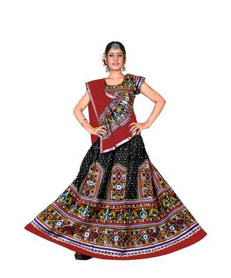 Black N Multicolor Kutch Embroidery and Mirror Cotton Navratri Wear Lehenga 1
