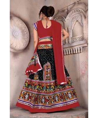 Black N Multicolor Kutch Embroidery and Mirror Cotton Navratri Wear Lehenga 3