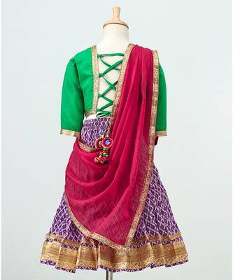 Purple printed Lehenga with contrast green tie back choli and Pink Dupatta 2