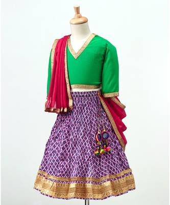 Purple printed Lehenga with contrast green tie back choli and Pink Dupatta 1