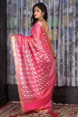 Pink Blended Cotton Saree With Geometric Pallu 2