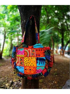 Multicolored Real Mirror Worked Banjara Bag With Hanging Pompom Tassels 1
