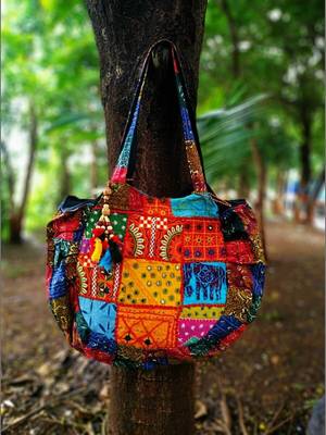Multicolored Real Mirror Worked Banjara Bag With Hanging Pompom Tassels 2