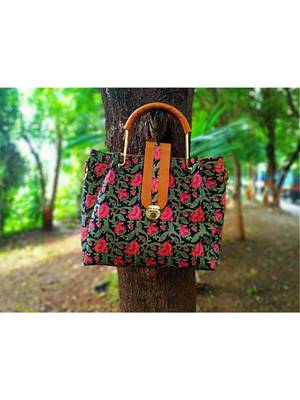Flower Printed Black Based Cottom SIlk And Fox Lether Designer Handbag 1