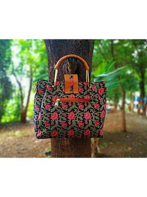 Flower Printed Black Based Cottom SIlk And Fox Lether Designer Handbag 2