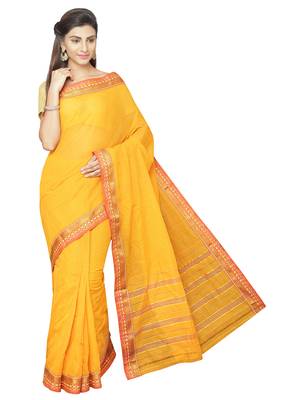 Gold plain cotton saree with blouse 1