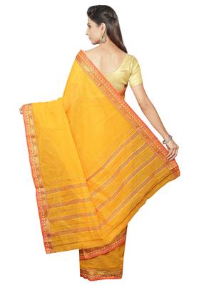 Gold plain cotton saree with blouse 2