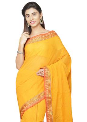 Gold plain cotton saree with blouse 3