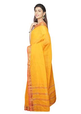 Gold plain cotton saree with blouse 4