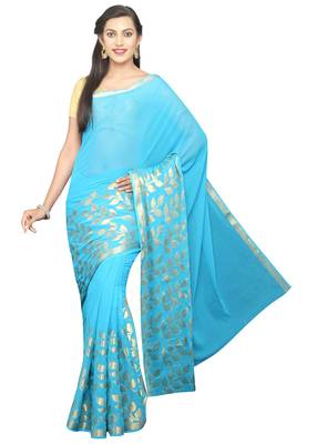 Blue woven georgette saree with blouse 1