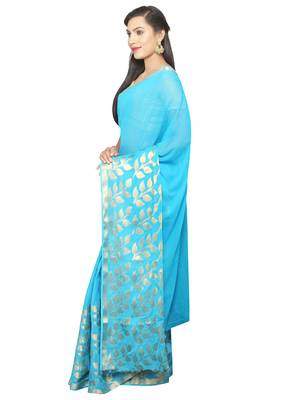 Blue woven georgette saree with blouse 4