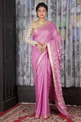 Aorora Pink Blended Cotton Saree With Geometric Pallu 1