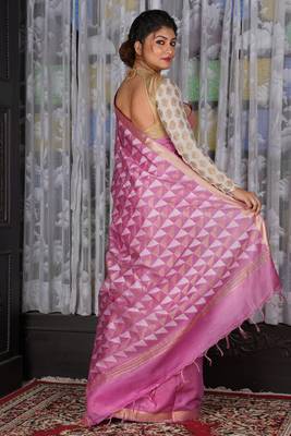 Aorora Pink Blended Cotton Saree With Geometric Pallu 2