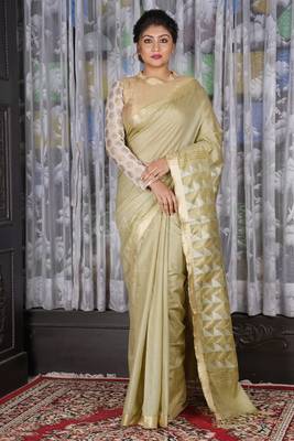 Mellow Yellow Blended Cotton Saree With Geometric Weaved Pallu 1