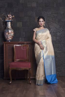 Beige And Sky Blue Benarasi With Zari Weaving And Border 1