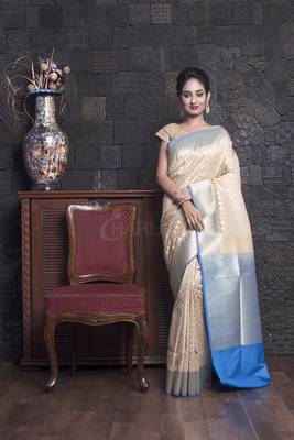 Beige And Sky Blue Benarasi With Zari Weaving And Border 2