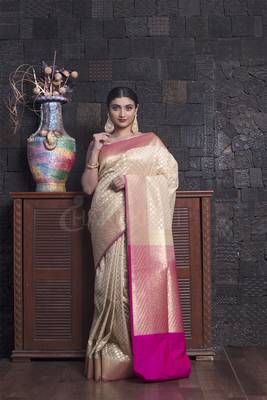 Beige And Pink Banarasi With Woven Zari Border 1