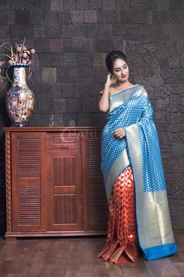 Sky Blue And Red Blended Benarasi With Zari Border 1