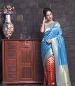 Sky Blue And Red Blended Benarasi With Zari Border