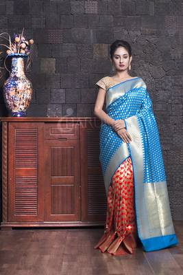 Sky Blue And Red Blended Benarasi With Zari Border 2
