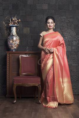Peach Pink Art Benarasi With Woven Zari Border 1