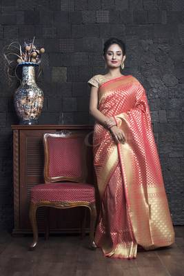 Peach Pink Art Benarasi With Woven Zari Border 2