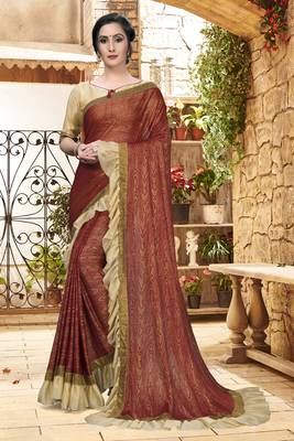 Brown plain silk saree with blouse 1