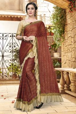 Brown plain silk saree with blouse 2