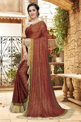 Brown plain silk saree with blouse 3