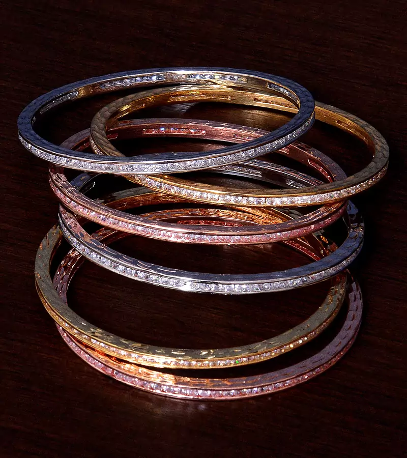 Rose Gold, White Gold and Rhodium Plated AAA CZ Embellished Three Pairs of Bangles BD374