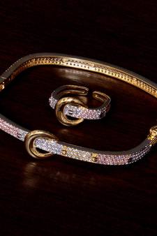 Rose Gold, White Gold and Rhodium Plated AAA CZ Embellished 3 Tone Bracelet cum Ring BD380