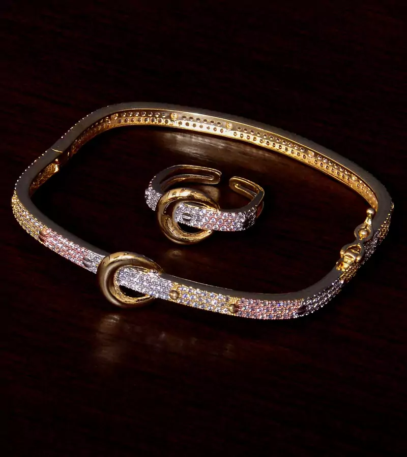 Rose Gold, White Gold and Rhodium Plated AAA CZ Embellished 3 Tone Bracelet cum Ring BD380